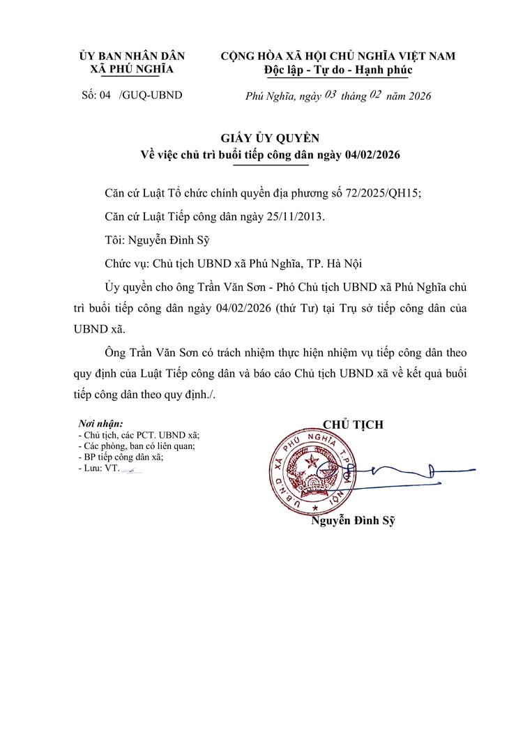 Thông báo lịch tiếp công dân của lãnh đạo Ủy ban nhân dân xã ngày 04/02/2026- Ảnh 1.