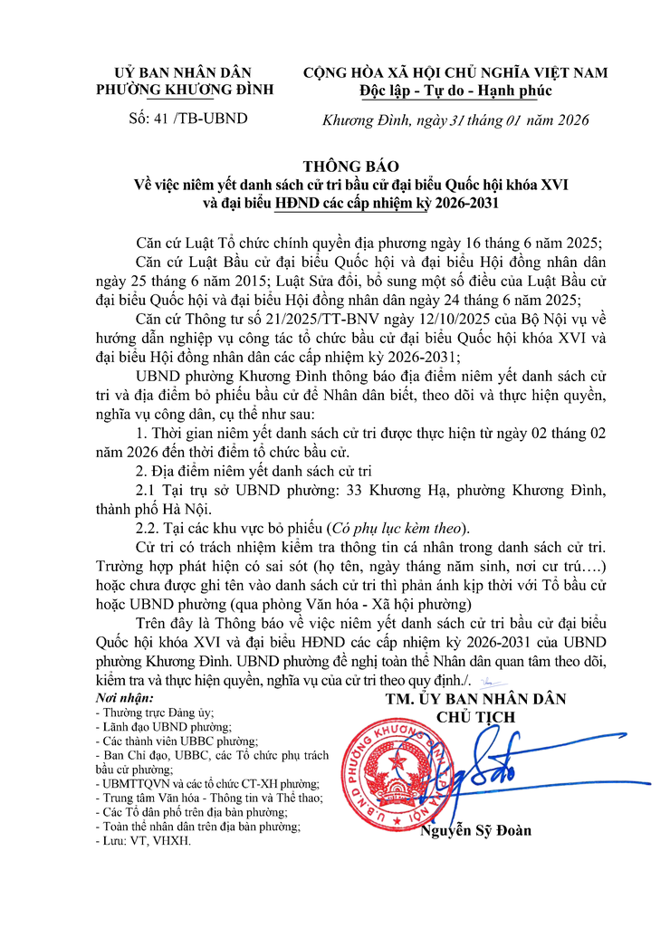 Thông báo niêm yết danh sách cử tri bầu cử đại biểu Quốc hội khóa XVI và đại biểu HĐND các cấp nhiệm kỳ 2026-2031 - Ảnh 1.
