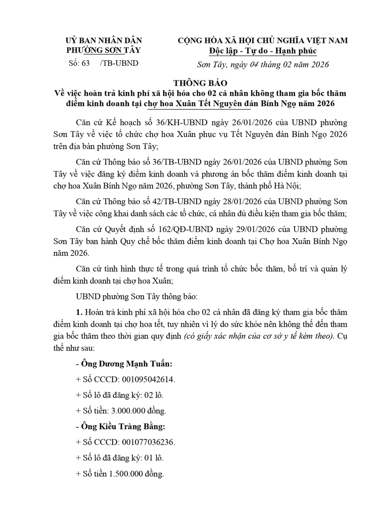 Thông báo công khai về việc hoàn trả kinh phí xã hội hóa cho 02 cá nhân không tham gia bốc thăm điểm kinh doanh tại chợ hoa Xuân Tết Nguyên đán Bính Ngọ 2026 - Ảnh 1.