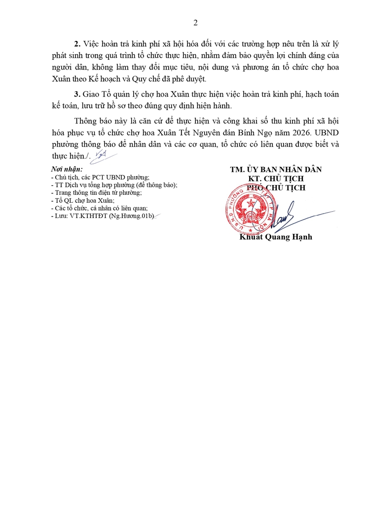 Thông báo công khai về việc hoàn trả kinh phí xã hội hóa cho 02 cá nhân không tham gia bốc thăm điểm kinh doanh tại chợ hoa Xuân Tết Nguyên đán Bính Ngọ 2026 - Ảnh 2.