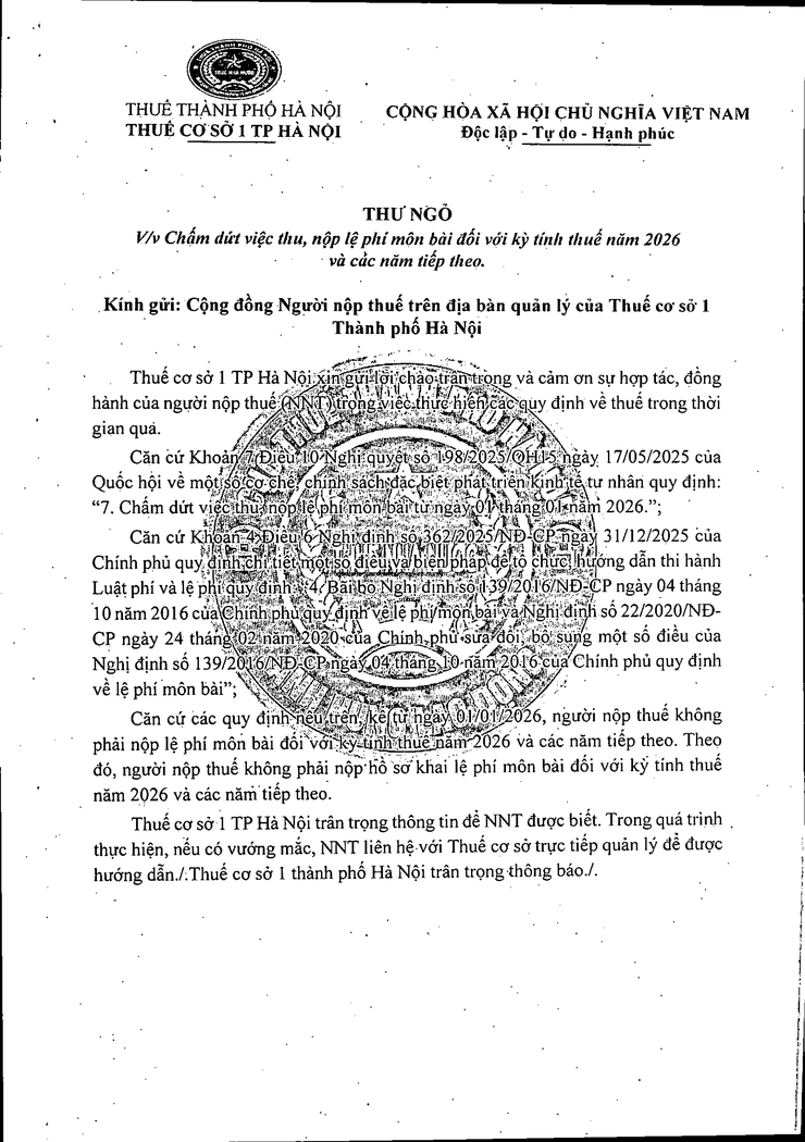Thư ngỏ về việc chấm dứt việc thu, nộp thuế môn bài đối với kỳ tính thuế năm 2026 và các năm tiếp theo- Ảnh 1.