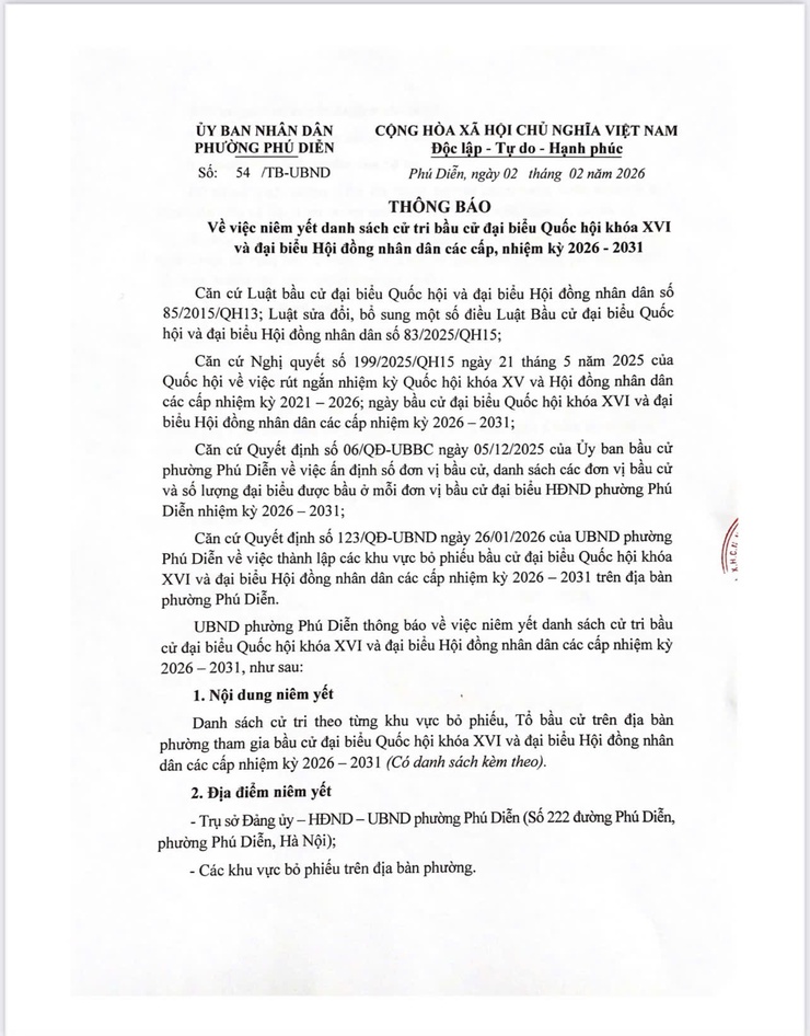 Phường Phú Diễn: Niêm yết danh sách cử tri bầu cử đại biểu Quốc hội khoá XVI và bầu cử đại biểu Hội đồng nhân dân các cấp nhiệm kỳ 2026-2031- Ảnh 1.