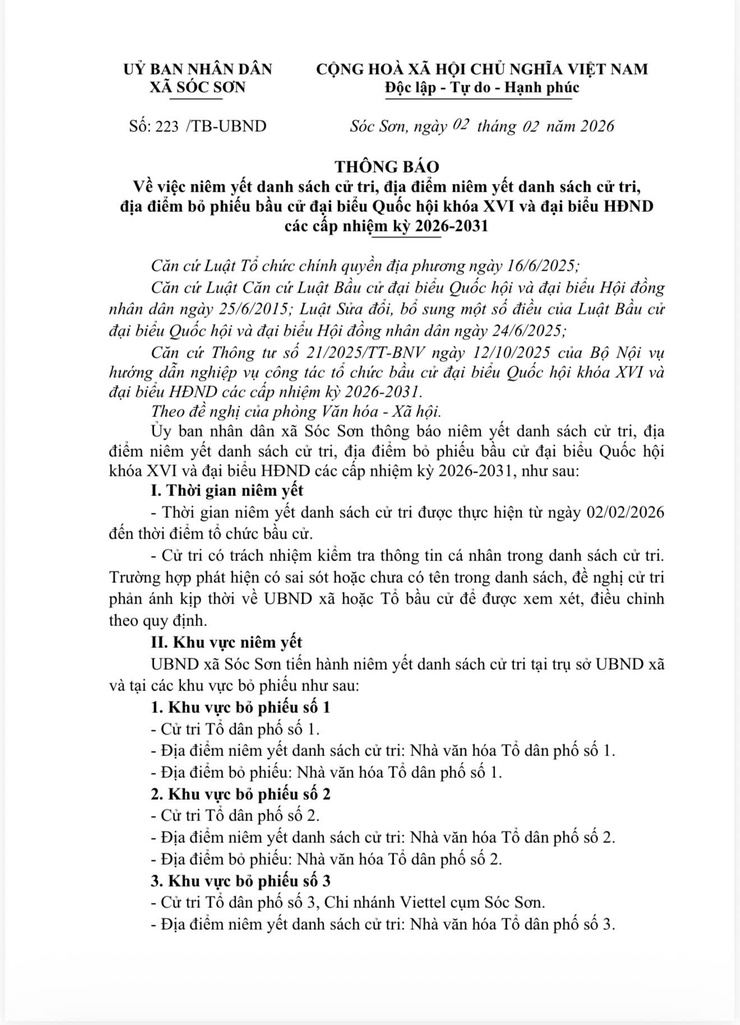 Thông báo về việc niêm yết danh sách cử tri, địa điểm niêm yết danh sách cử tri, địa điểm bỏ phiếu bầu cử đại biểu Quốc hội khóa XVI và đại biểu HĐND các cấp nhiệm kì 2026-2031- Ảnh 2.