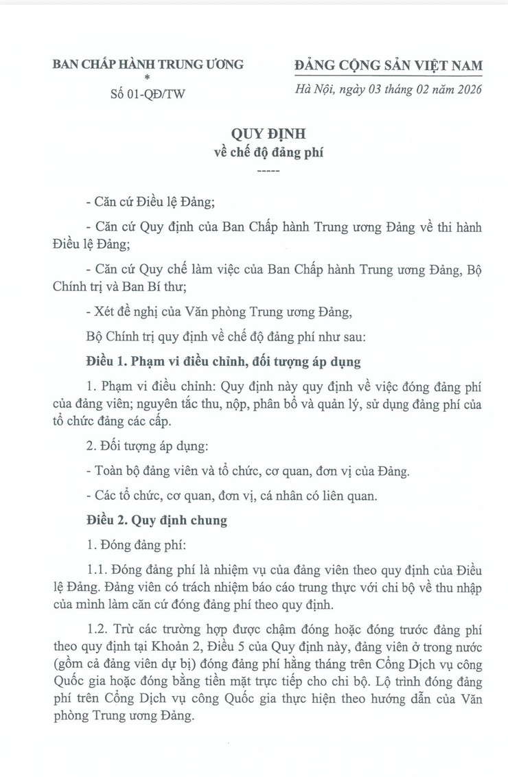QUY ĐỊNH MỚI CỦA BỘ CHÍNH TRỊ VỀ CHẾ ĐỘ ĐẢNG PHÍ- Ảnh 1.
