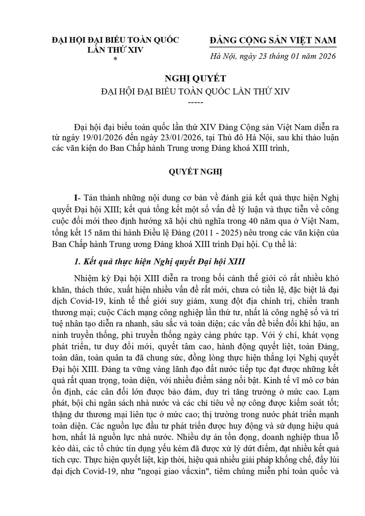 Toàn văn Nghị quyết Đại hội đại biểu toàn quốc lần thứ XIV của Đảng- Ảnh 1.