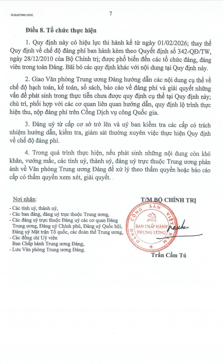 QUY ĐỊNH MỚI CỦA BỘ CHÍNH TRỊ VỀ CHẾ ĐỘ ĐẢNG PHÍ- Ảnh 7.