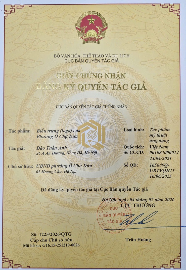 Phường Ô Chợ Dừa được cấp Giấy chứng nhận đăng ký bản quyền tác giả đối với logo Phường- Ảnh 1.
