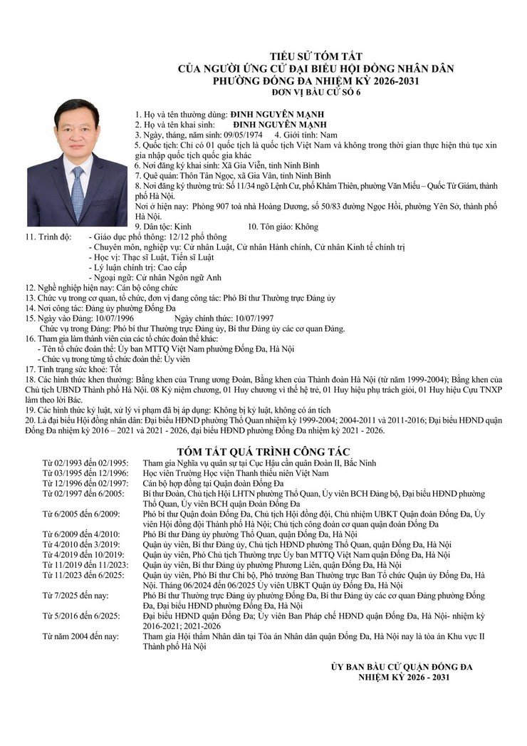 Tiểu sử và tóm tắt những người ứng cử đại biểu HĐND phường Đống Đa khóa II, nhiệm kỳ 2026 - 2031 tại đơn vị bầu cử số 6- Ảnh 3.