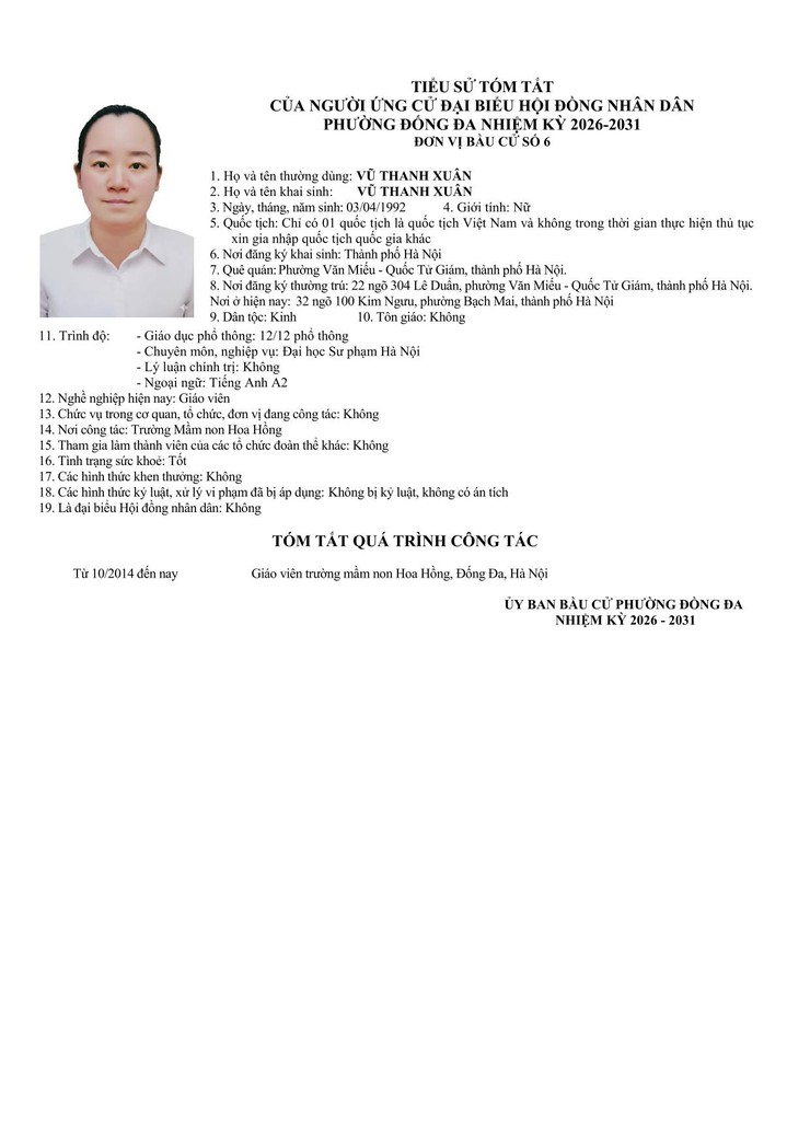 Tiểu sử và tóm tắt những người ứng cử đại biểu HĐND phường Đống Đa khóa II, nhiệm kỳ 2026 - 2031 tại đơn vị bầu cử số 6- Ảnh 7.