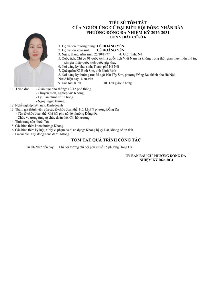 Tiểu sử và tóm tắt những người ứng cử đại biểu HĐND phường Đống Đa khóa II, nhiệm kỳ 2026 - 2031 tại đơn vị bầu cử số 6- Ảnh 8.
