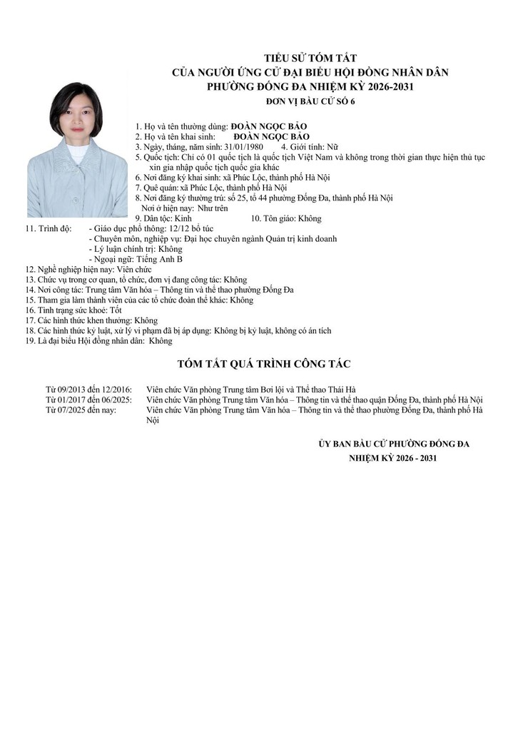 Tiểu sử và tóm tắt những người ứng cử đại biểu HĐND phường Đống Đa khóa II, nhiệm kỳ 2026 - 2031 tại đơn vị bầu cử số 6- Ảnh 2.
