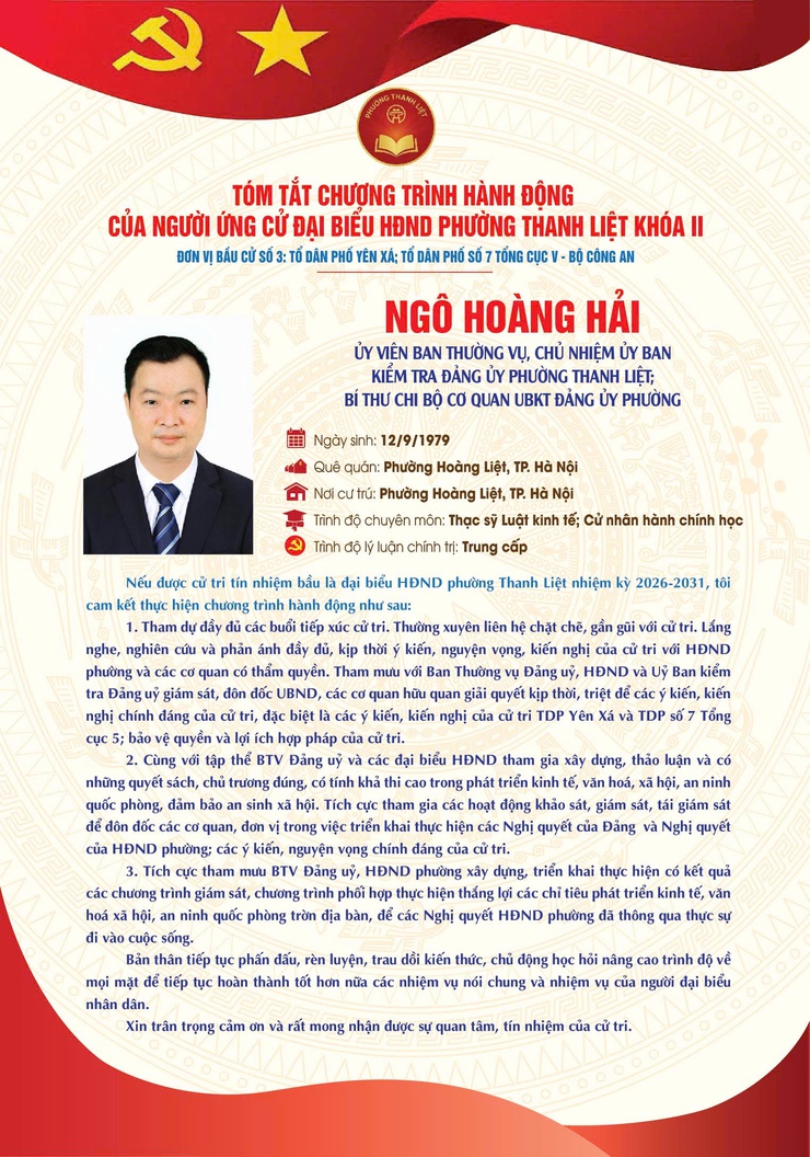 TÓM TẮT CHƯƠNG TRÌNH HÀNH ĐỘNG CỦA NGƯỜI THAM GIA ỨNG CỬ ĐẠI BIỂU HĐND PHƯỜNG THANH LIỆT KHÓA II NHIỆM KỲ 2026 - 2031- Ảnh 2.