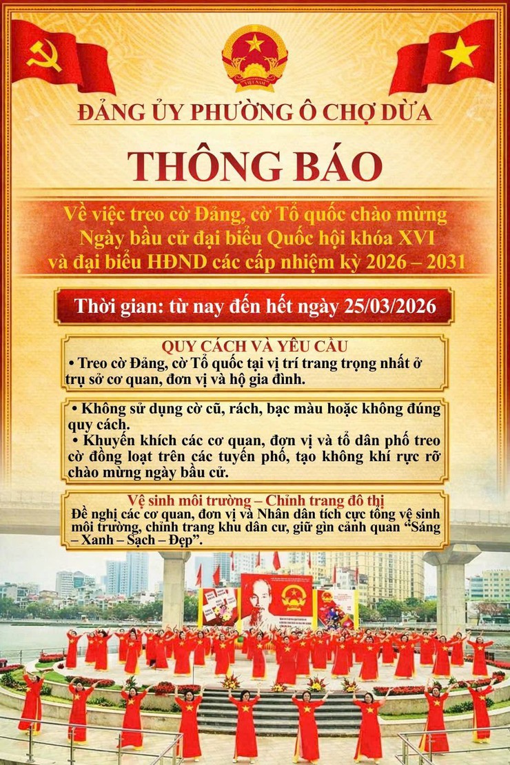 Thông báo về việc treo cờ Đảng, cờ Tổ quốc chào mừng ngày bầu cử đại biểu Quốc hội khóa XVI và đại biểu HĐND các cấp nhiệm kỳ 2026 – 2031- Ảnh 2.