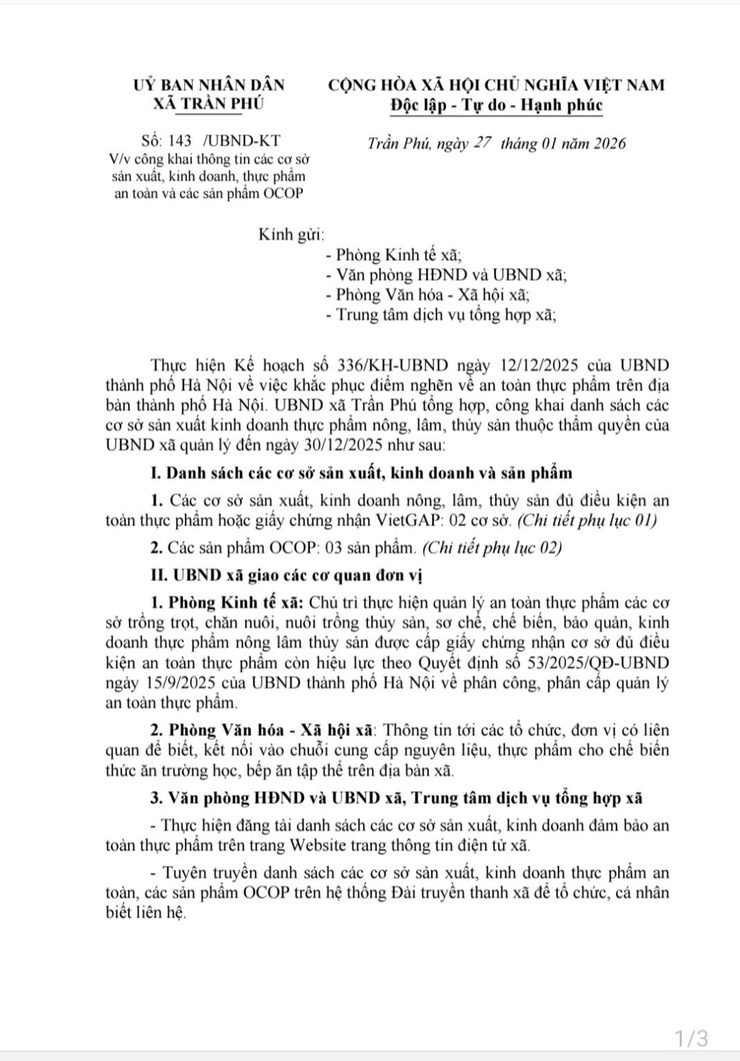 Thông báo công khai thông tin các cơ sở sản xuất, kinh doanh, thực phẩm an toàn và các sản phẩm OCCOP- Ảnh 1.
