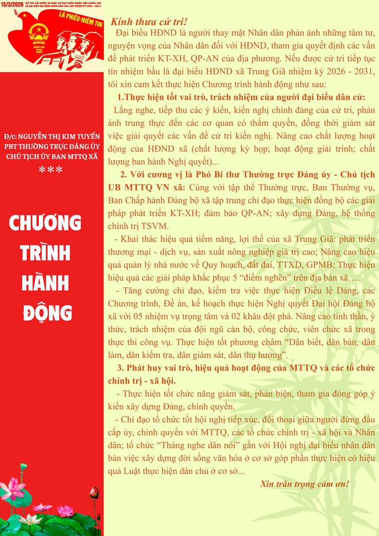 Chương trình hành động bà Nguyễn Thị Kim Tuyến - Phó bí thư thường trực Đảng ủy, Chủ tịch UB MTTQ Việt Nam xã Trung Giã- Ảnh 2.