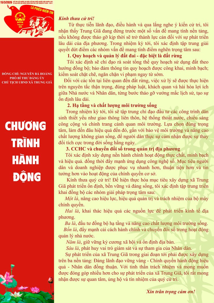 Chương trình hành động của ông Nguyễn Bá Hoàng - Phó Bí thư Đảng ủy, Chủ tịch UBND xã Trung Giã- Ảnh 2.