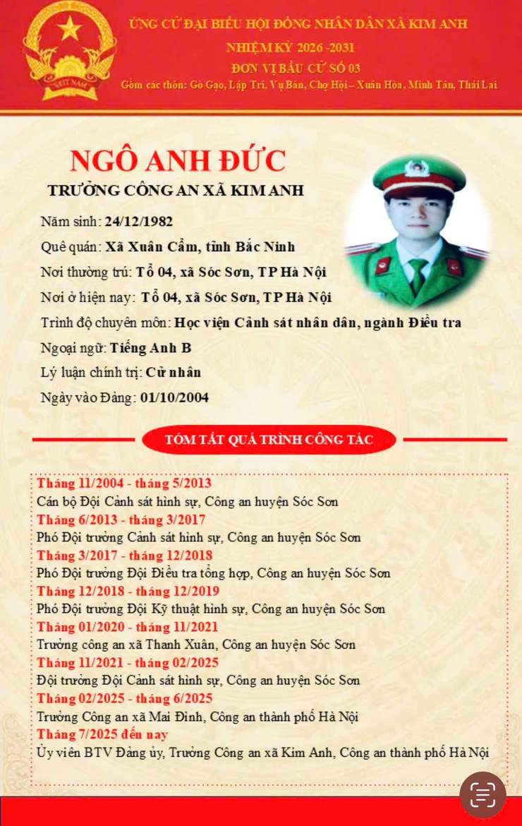 GIỚI THIỆU TIỂU SỬ TÓM TẮT NGƯỜI ỨNG CỬ ĐẠI BIỂU HĐND XÃ KIM ANH NHIỆM KỲ 2026 - 2031: ÔNG NGÔ ANH ĐỨC- Ảnh 1.