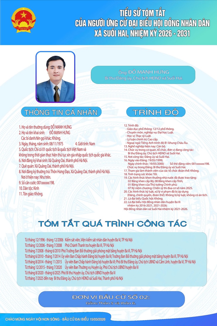 TIỂU SỬ TÓM TẮT CỦA NGƯỜI ỨNG CỬ ĐẠI BIỂU HỘI ĐỒNG NHÂN DÂN XÃ SUỐI HAI NHIỆM KỲ 2026-2031, ĐƠN VỊ BẦU CỬ SỐ 2- Ảnh 3.
