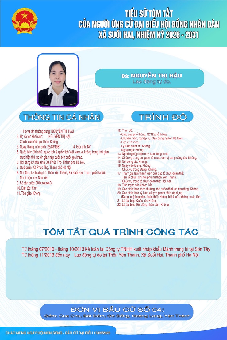 TIỂU SỬ TÓM TẮT CỦA NGƯỜI ỨNG CỬ ĐẠI BIỂU HỘI ĐỒNG NHÂN DÂN XÃ SUỐI HAI NHIỆM KỲ 2026-2031, ĐƠN VỊ BẦU CỬ SỐ 04- Ảnh 5.