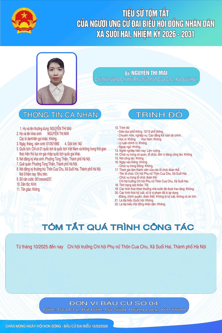 TIỂU SỬ TÓM TẮT CỦA NGƯỜI ỨNG CỬ ĐẠI BIỂU HỘI ĐỒNG NHÂN DÂN XÃ SUỐI HAI NHIỆM KỲ 2026-2031, ĐƠN VỊ BẦU CỬ SỐ 04- Ảnh 7.