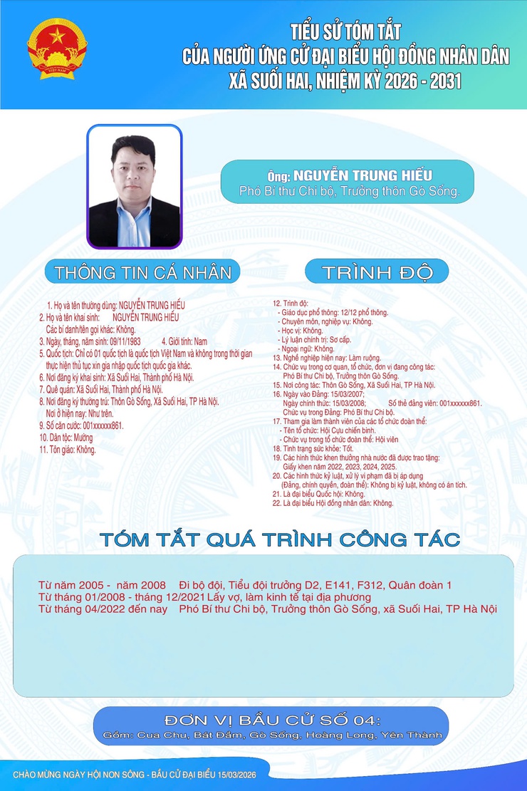 TIỂU SỬ TÓM TẮT CỦA NGƯỜI ỨNG CỬ ĐẠI BIỂU HỘI ĐỒNG NHÂN DÂN XÃ SUỐI HAI NHIỆM KỲ 2026-2031, ĐƠN VỊ BẦU CỬ SỐ 04- Ảnh 6.