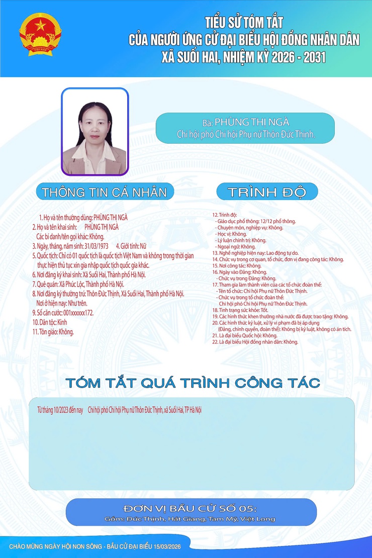 TIỂU SỬ TÓM TẮT CỦA NGƯỜI ỨNG CỬ ĐẠI BIỂU HỘI ĐỒNG NHÂN DÂN XÃ SUỐI HAI NHIỆM KỲ 2026-2031, ĐƠN VỊ BẦU CỬ SỐ 05- Ảnh 6.