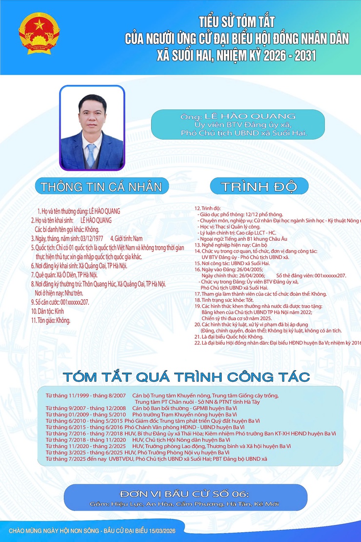 TIỂU SỬ TÓM TẮT CỦA NGƯỜI ỨNG CỬ ĐẠI BIỂU HỘI ĐỒNG NHÂN DÂN XÃ SUỐI HAI NHIỆM KỲ 2026-2031, ĐƠN VỊ BẦU CỬ SỐ 06- Ảnh 6.