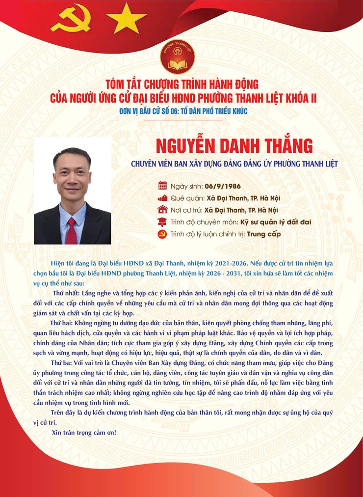 TÓM TẮT CHƯƠNG TRÌNH HÀNH ĐỘNG CỦA NGƯỜI THAM GIA ỨNG CỬ ĐẠI BIỂU HĐND PHƯỜNG THANH LIỆT KHÓA II NHIỆM KỲ 2026 - 2031, ĐƠN VỊ BẦU CỬ SỐ 06 - TỔ DÂN PHỐ TRIỀU KHÚC- Ảnh 8.