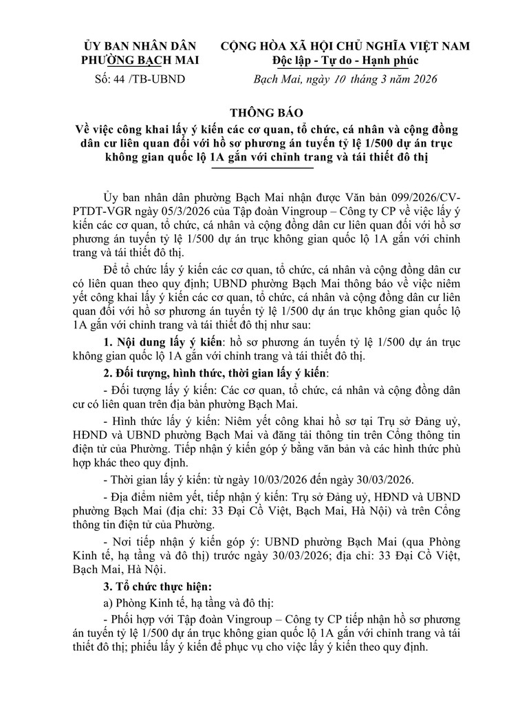 Thông báo về việc công khai lấy ý kiến các cơ quan, tổ chức, cá nhân và cộng đồng dân cư liên quan đối với hồ sơ phương án tuyến tỷ lệ 1/500 dự án trục không gian quốc lộ 1A gắn với chỉnh trang và tái thiết đô thị- Ảnh 1.