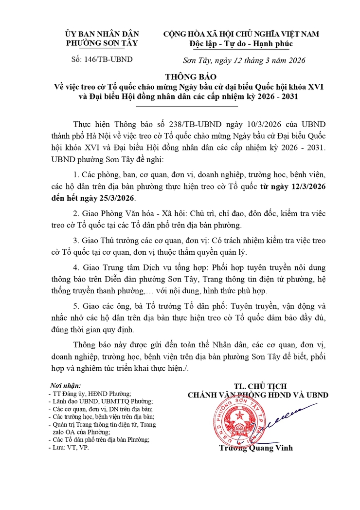 Thông báo Về việc treo cờ Tổ quốc chào mừng Ngày bầu cử đại biểu Quốc hội khóa XVI
và Đại biểu Hội đồng nhân dân các cấp nhiệm kỳ 2026 - 2031- Ảnh 1.
