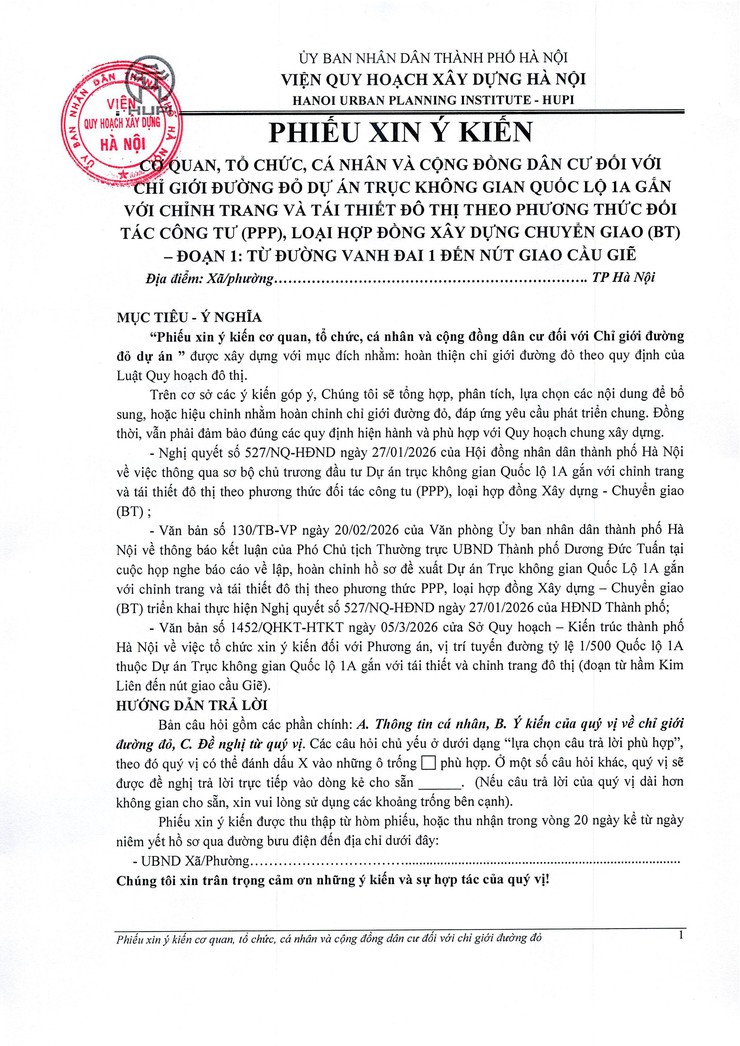 Phiếu xin ý kiến các cơ quan, tổ chức, cá nhân và cộng đồng dân cư liên quan đối với hồ sơ phương án tuyến tỷ lệ 1/500 dự án trục không gian quốc lộ 1A gắn với chỉnh trang và tái thiết đô thị- Ảnh 1.