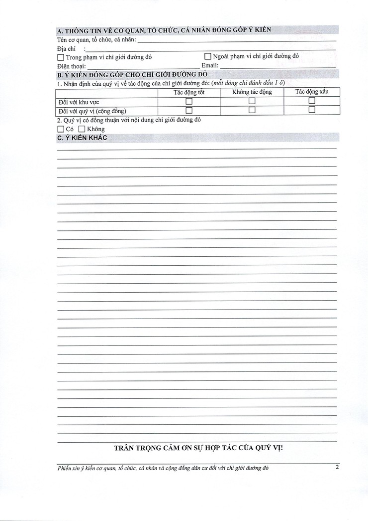 Phiếu xin ý kiến các cơ quan, tổ chức, cá nhân và cộng đồng dân cư liên quan đối với hồ sơ phương án tuyến tỷ lệ 1/500 dự án trục không gian quốc lộ 1A gắn với chỉnh trang và tái thiết đô thị- Ảnh 2.