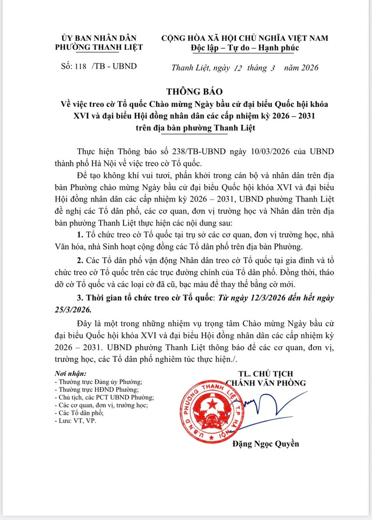 UBND PHƯỜNG THANH LIỆT THÔNG BÁO TREO CỜ TỔ QUỐC- Ảnh 2.