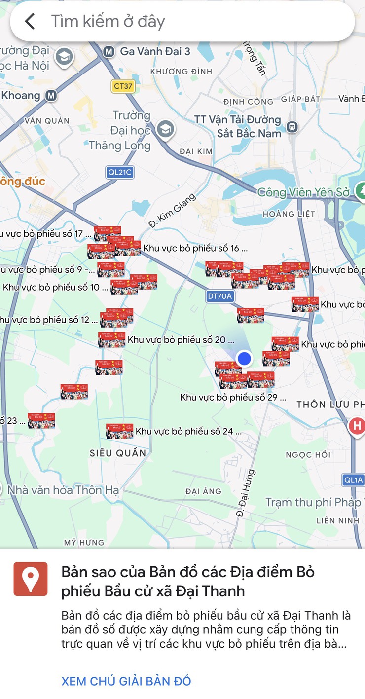 Google maps: Bản đồ đánh dấu 31 khu vực bỏ phiếu Bầu cử trên địa bàn xã Đại Thanh- Ảnh 1.
