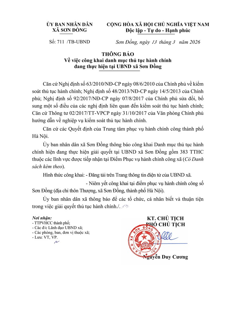 Công khai danh mục thủ tục hành chính đang thực hiện tại UBND xã Sơn Đồng- Ảnh 1.