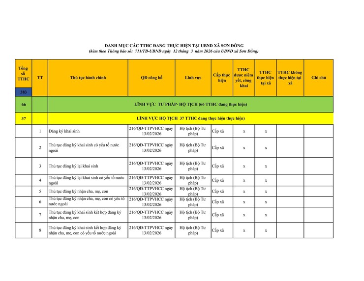 Công khai danh mục thủ tục hành chính đang thực hiện tại UBND xã Sơn Đồng- Ảnh 2.