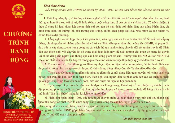 CHƯƠNG TRÌNH HÀNH ĐỘNG CỦA ĐỒNG CHÍ TẠ THỊ THU HÀ-UỶ VIÊN THƯỜNG VỤ, TRƯỞNG BAN XÂY DỰNG ĐẢNG XÃ TRUNG GIÃ.- Ảnh 1.