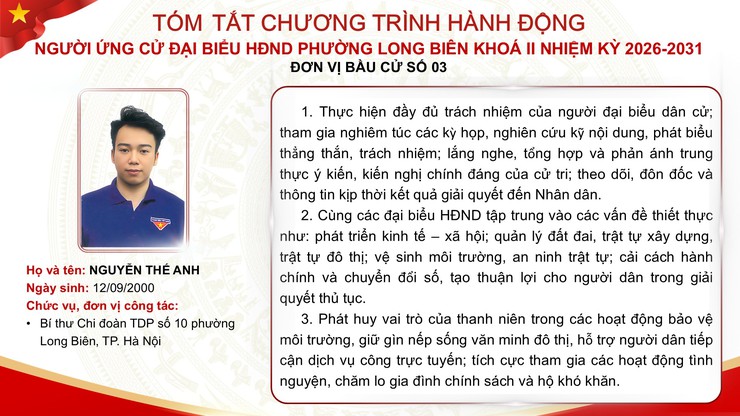 Tổng hợp tóm tắt chương trình hành động của các ứng cử viên đại biểu HĐND phường Long Biên nhiệm kỳ 2026 - 2031- Ảnh 17.
