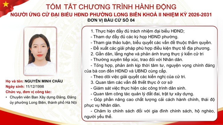 Tổng hợp tóm tắt chương trình hành động của các ứng cử viên đại biểu HĐND phường Long Biên nhiệm kỳ 2026 - 2031- Ảnh 25.