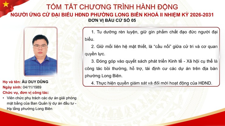 Tổng hợp tóm tắt chương trình hành động của các ứng cử viên đại biểu HĐND phường Long Biên nhiệm kỳ 2026 - 2031- Ảnh 34.