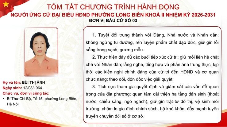 Tổng hợp tóm tắt chương trình hành động của các ứng cử viên đại biểu HĐND phường Long Biên nhiệm kỳ 2026 - 2031- Ảnh 18.