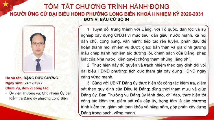 Tổng hợp tóm tắt chương trình hành động của các ứng cử viên đại biểu HĐND phường Long Biên nhiệm kỳ 2026 - 2031- Ảnh 26.