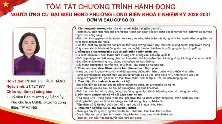 Tổng hợp tóm tắt chương trình hành động của các ứng cử viên đại biểu HĐND phường Long Biên nhiệm kỳ 2026 - 2031- Ảnh 19.