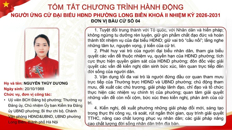 Tổng hợp tóm tắt chương trình hành động của các ứng cử viên đại biểu HĐND phường Long Biên nhiệm kỳ 2026 - 2031- Ảnh 27.