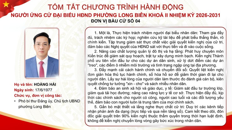 Tổng hợp tóm tắt chương trình hành động của các ứng cử viên đại biểu HĐND phường Long Biên nhiệm kỳ 2026 - 2031- Ảnh 28.