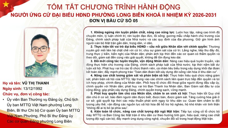 Tổng hợp tóm tắt chương trình hành động của các ứng cử viên đại biểu HĐND phường Long Biên nhiệm kỳ 2026 - 2031- Ảnh 37.