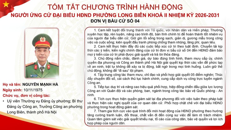 Tổng hợp tóm tắt chương trình hành động của các ứng cử viên đại biểu HĐND phường Long Biên nhiệm kỳ 2026 - 2031- Ảnh 29.