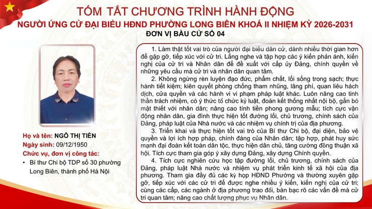 Tổng hợp tóm tắt chương trình hành động của các ứng cử viên đại biểu HĐND phường Long Biên nhiệm kỳ 2026 - 2031- Ảnh 30.