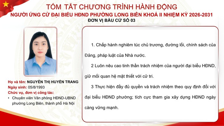 Tổng hợp tóm tắt chương trình hành động của các ứng cử viên đại biểu HĐND phường Long Biên nhiệm kỳ 2026 - 2031- Ảnh 23.