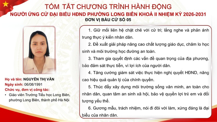 Tổng hợp tóm tắt chương trình hành động của các ứng cử viên đại biểu HĐND phường Long Biên nhiệm kỳ 2026 - 2031- Ảnh 40.